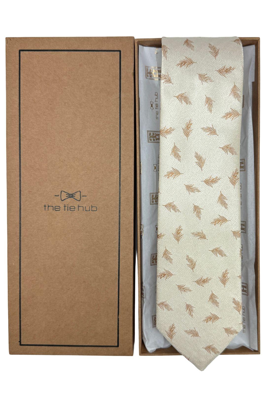 Cream Silk Necktie For Men | Leaf Motif Jacquard Design