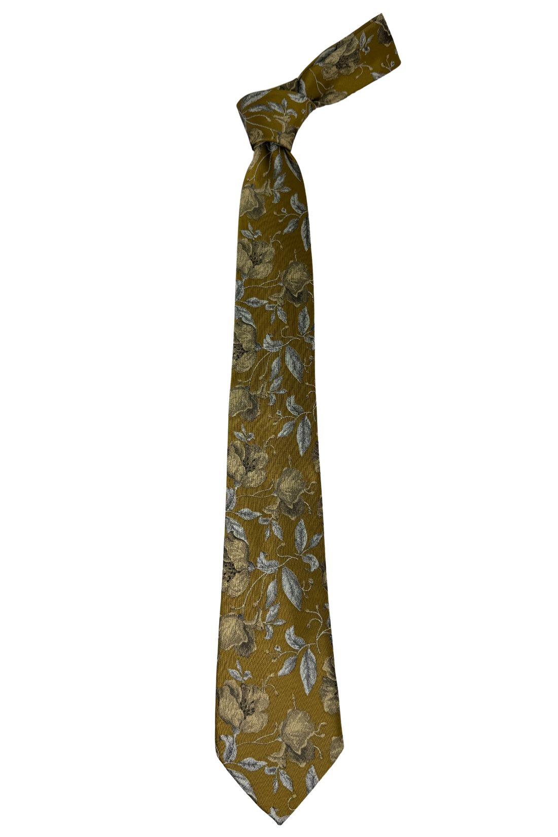 Mustard Yellow Silk Necktie For Men | Floral Jacquard Design