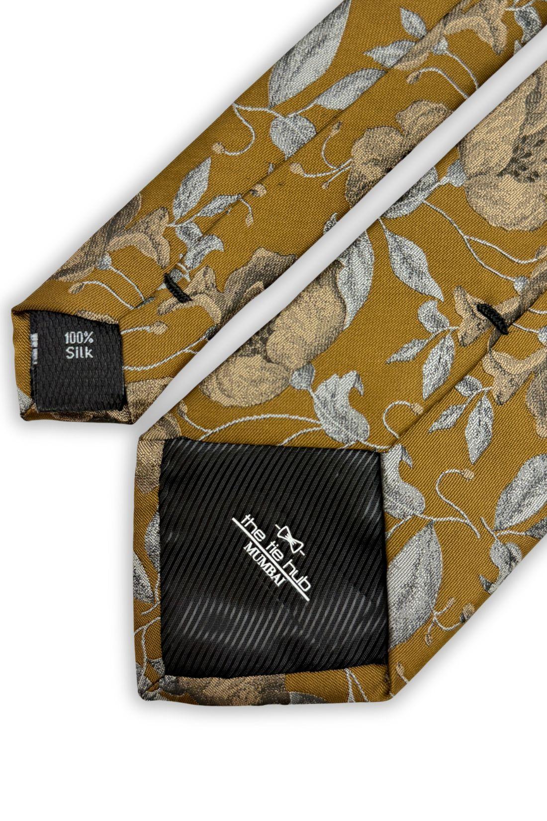 Mustard Yellow Silk Necktie For Men | Floral Jacquard Design