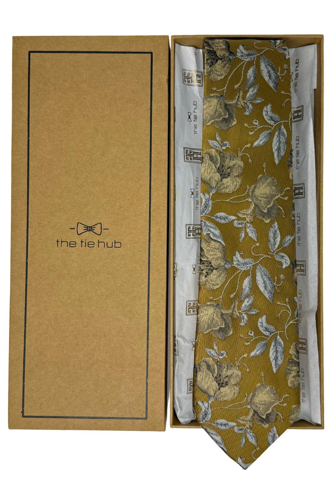 Mustard Yellow Silk Necktie For Men | Floral Jacquard Design