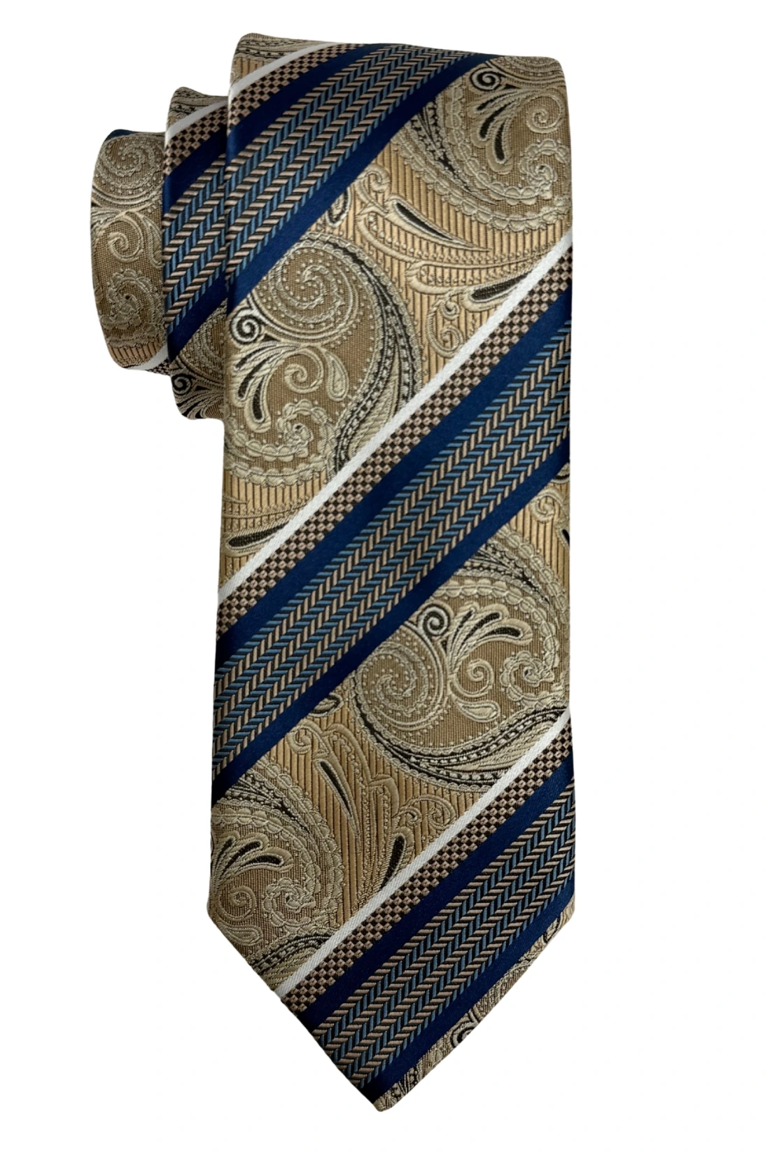 Gold & Blue 100% Silk Necktie for Men Striped Paisley Design