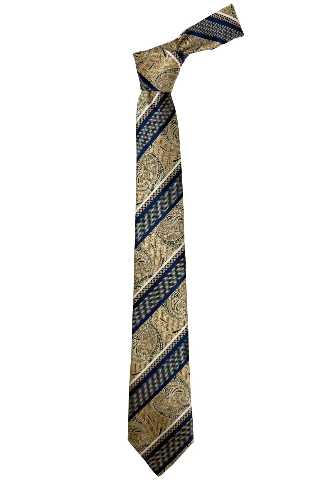 Gold & Blue 100% Silk Necktie for Men Striped Paisley Design