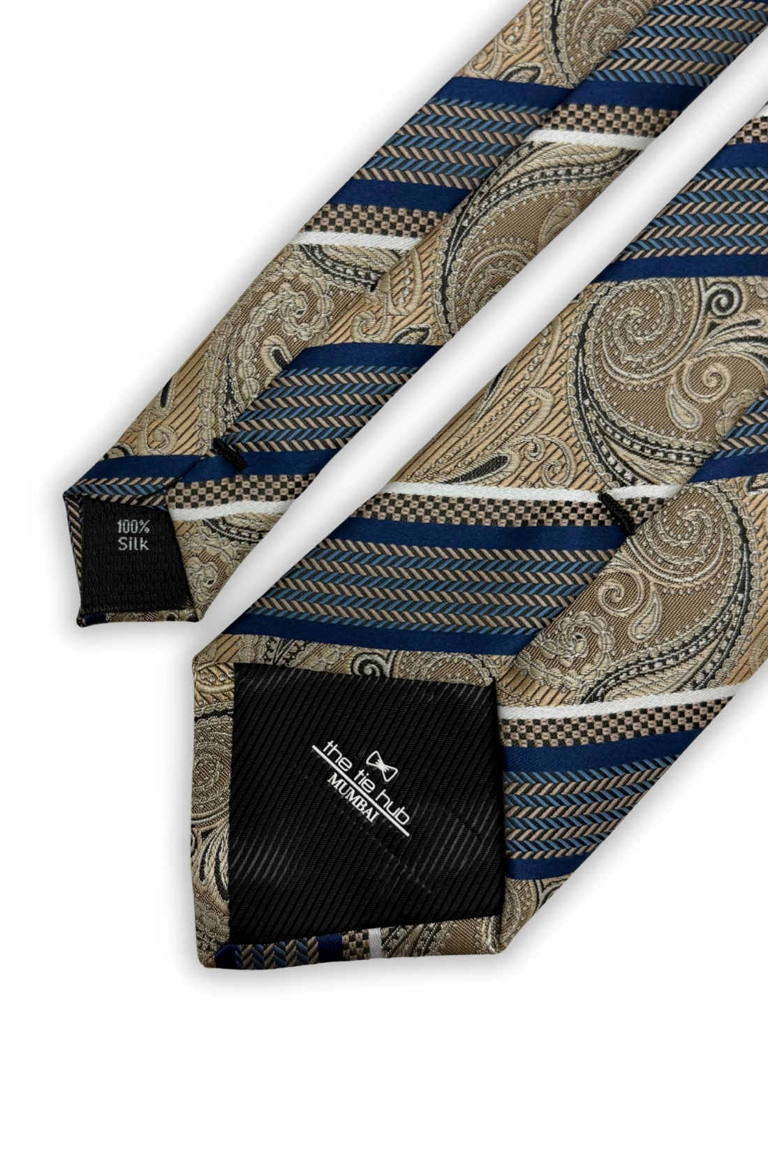 Gold & Blue 100% Silk Necktie for Men Striped Paisley Design