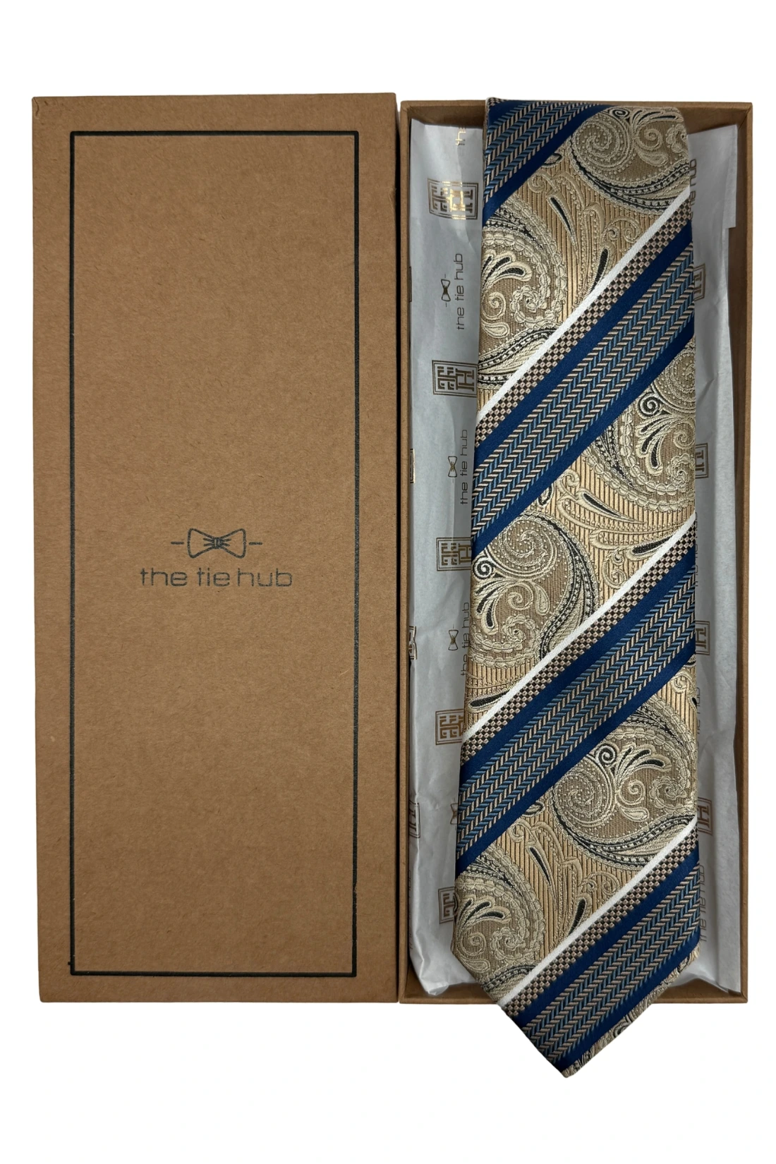 Gold & Blue 100% Silk Necktie for Men Striped Paisley Design