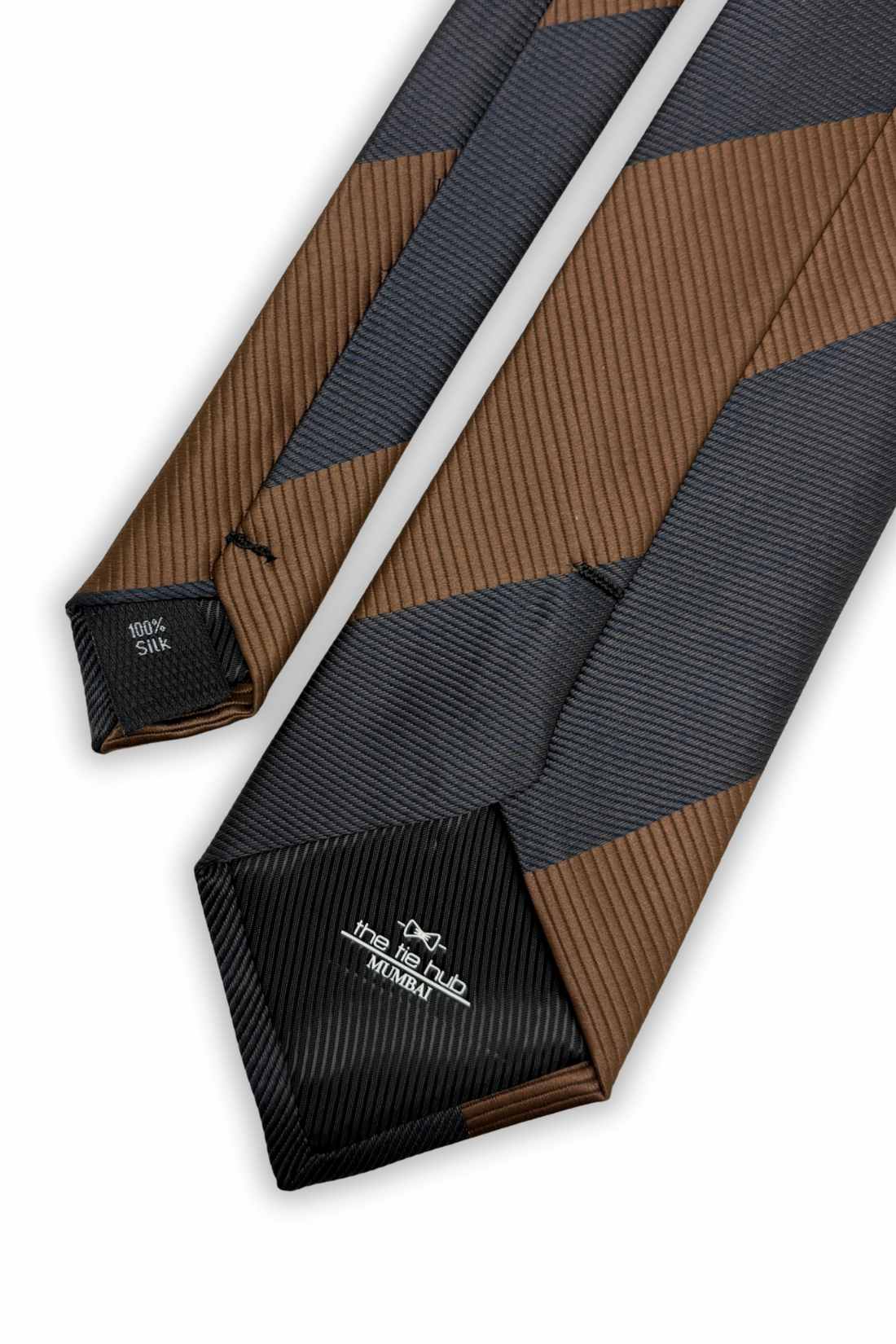 Grey & Brown Diagonal Striped Silk Necktie For Men