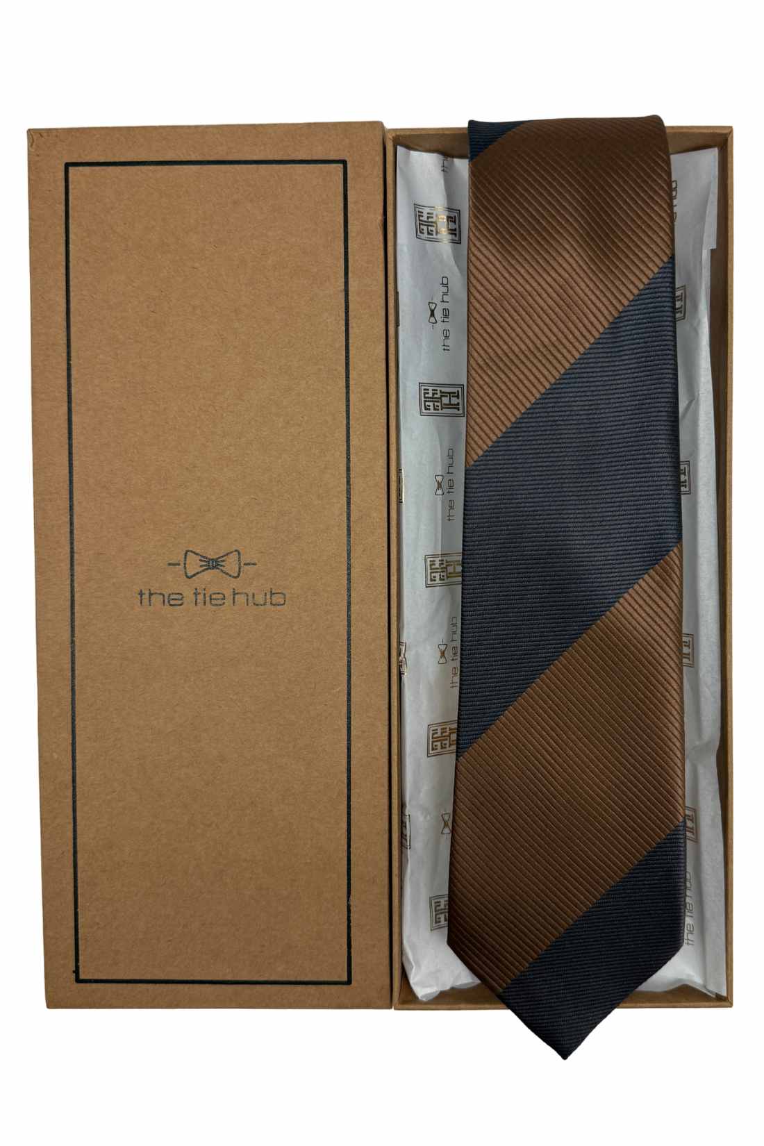 Grey & Brown Diagonal Striped Silk Necktie For Men