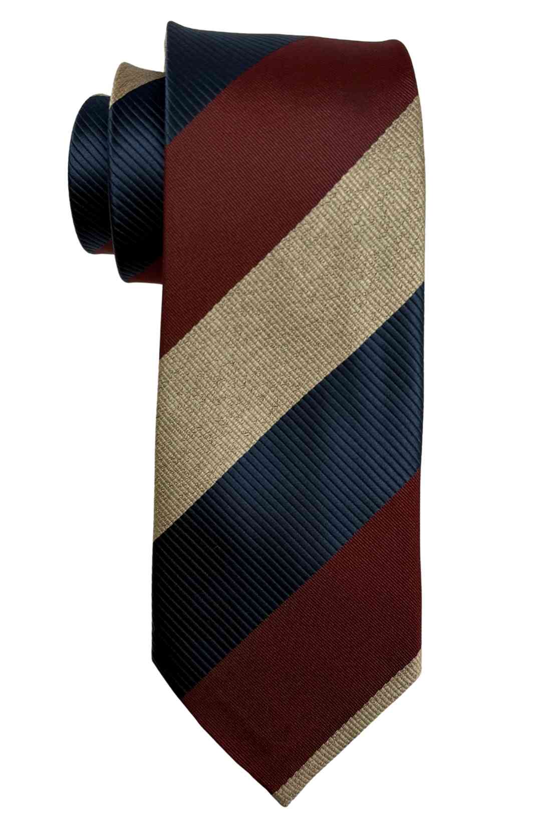 Maroon, Navy Blue & Beige Diagonal Striped Silk Necktie For Men