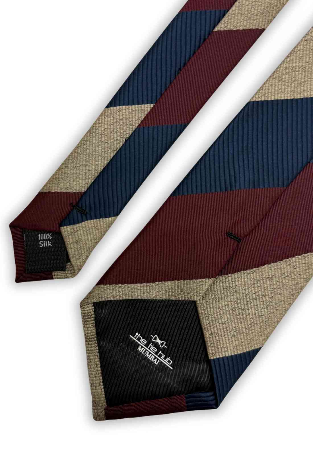 Maroon, Navy Blue & Beige Diagonal Striped Silk Necktie For Men