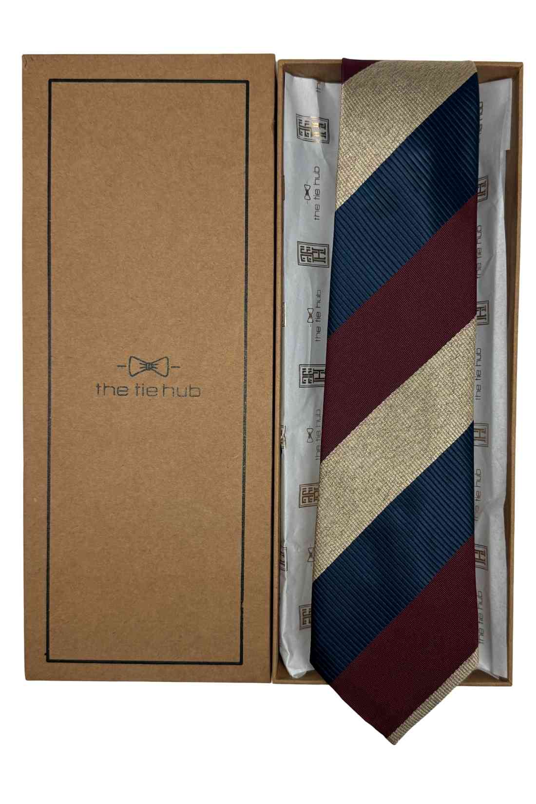 Maroon, Navy Blue & Beige Diagonal Striped Silk Necktie For Men