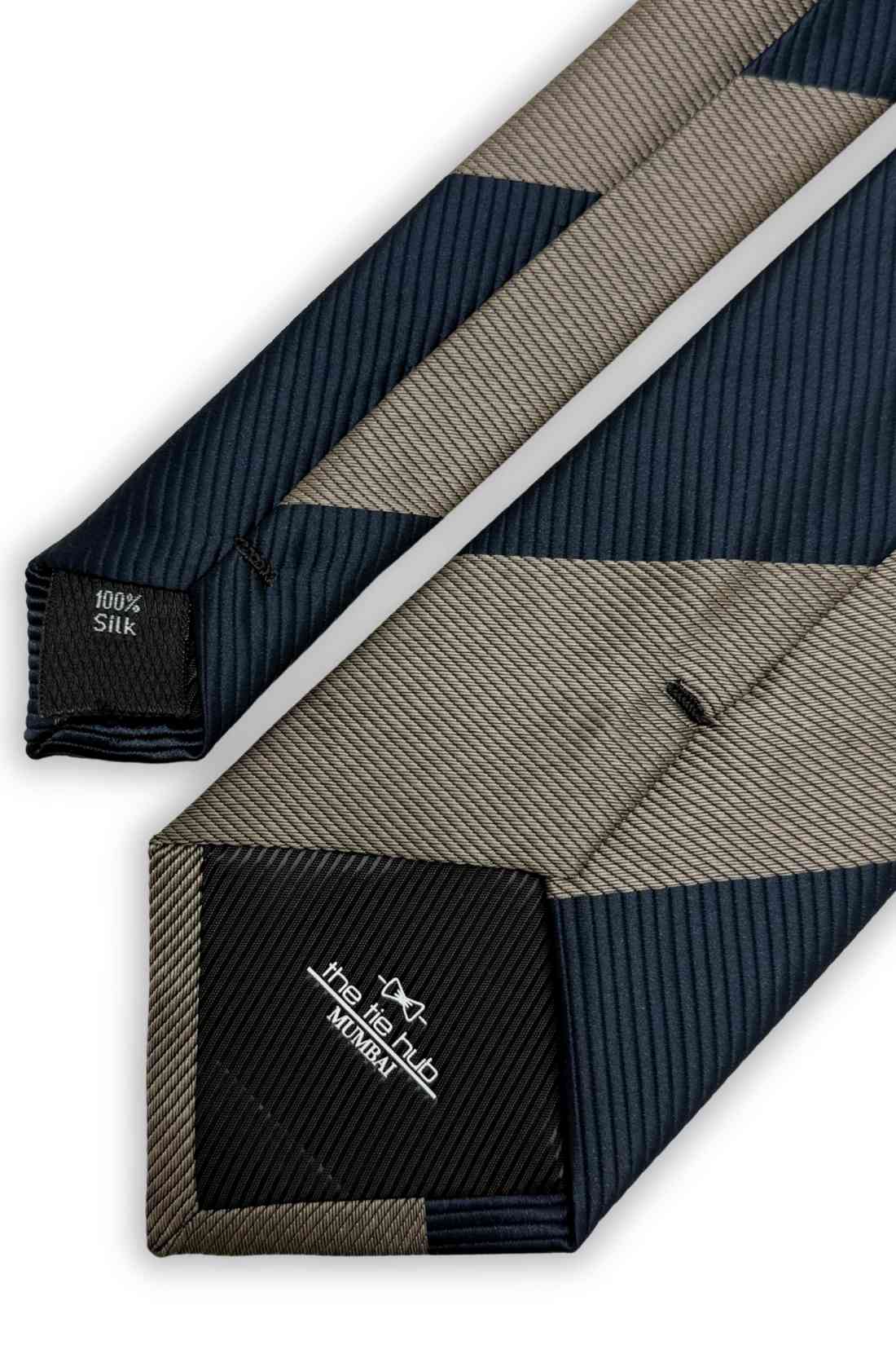Navy Blue & Beige Diagonal Striped Silk Necktie For Men
