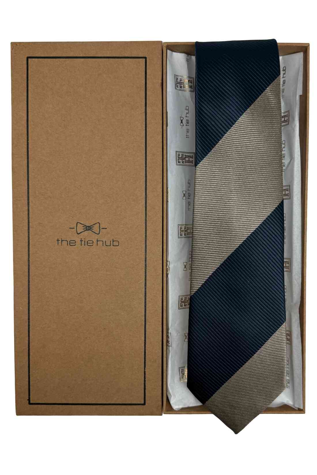 Navy Blue & Beige Diagonal Striped Silk Necktie For Men