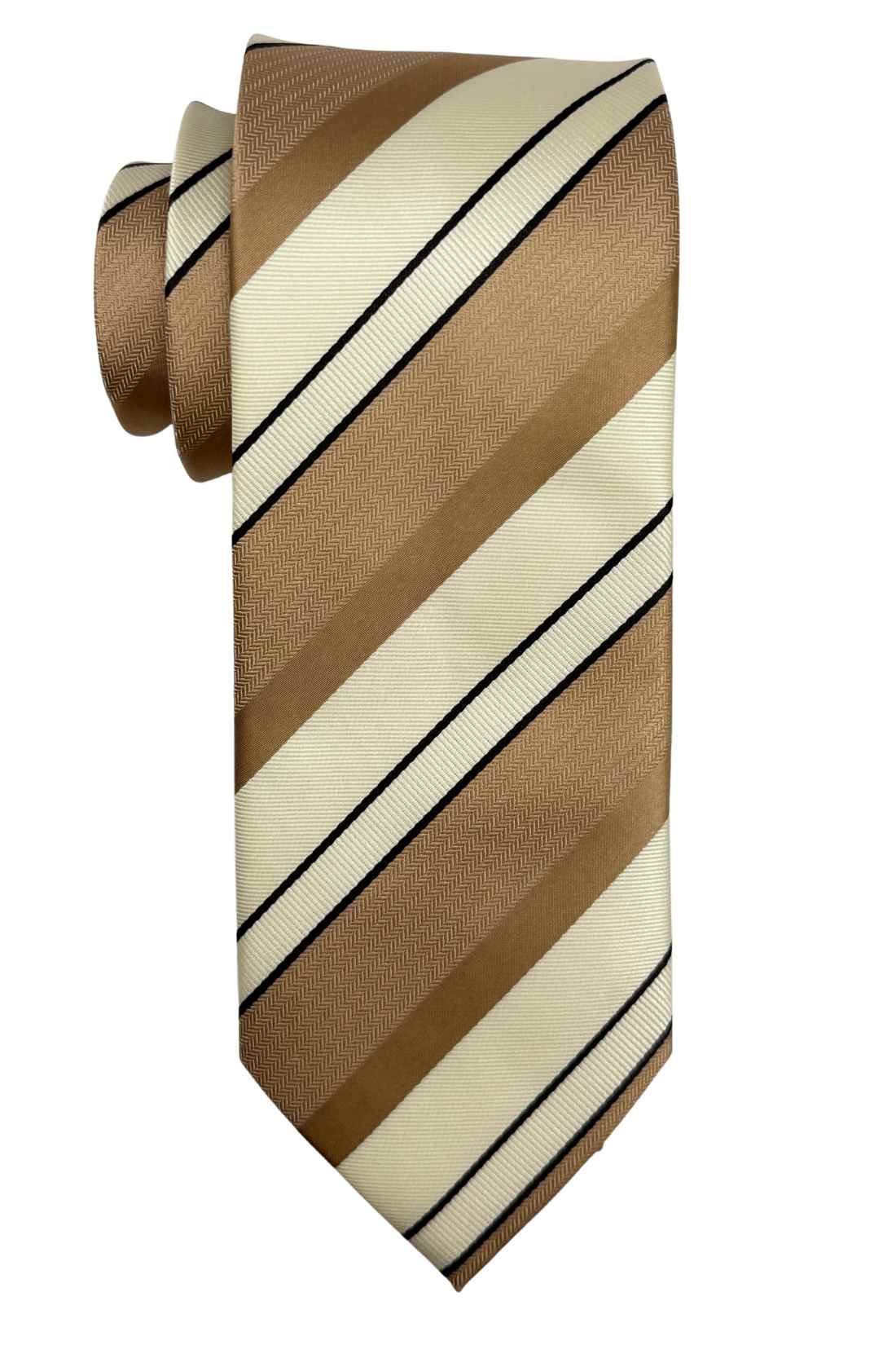 Beige & White Striped Silk Necktie For Men