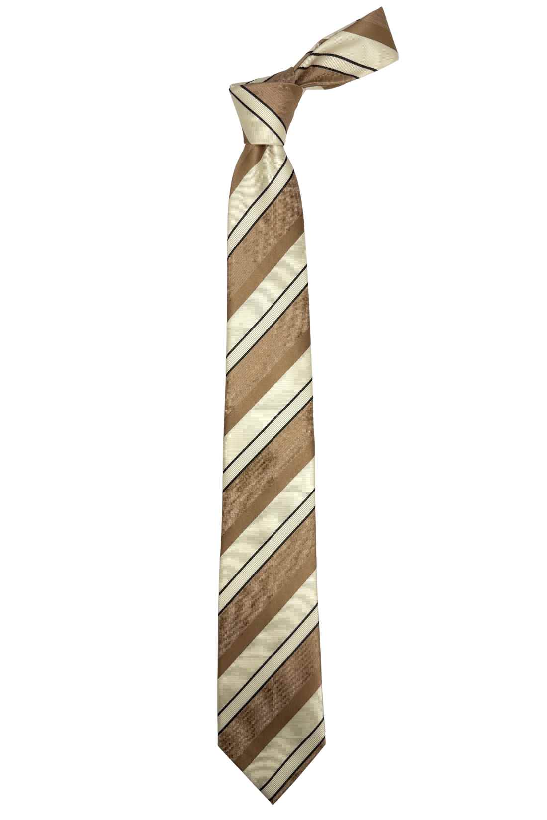 Beige & White Striped Silk Necktie For Men