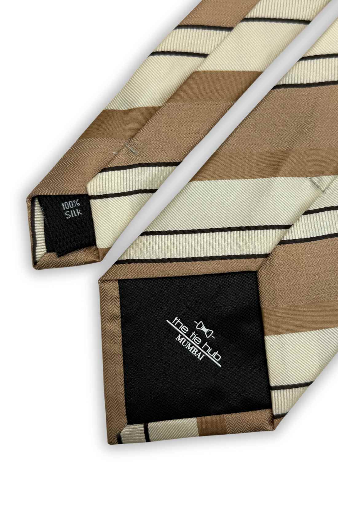 Beige & White Striped Silk Necktie For Men