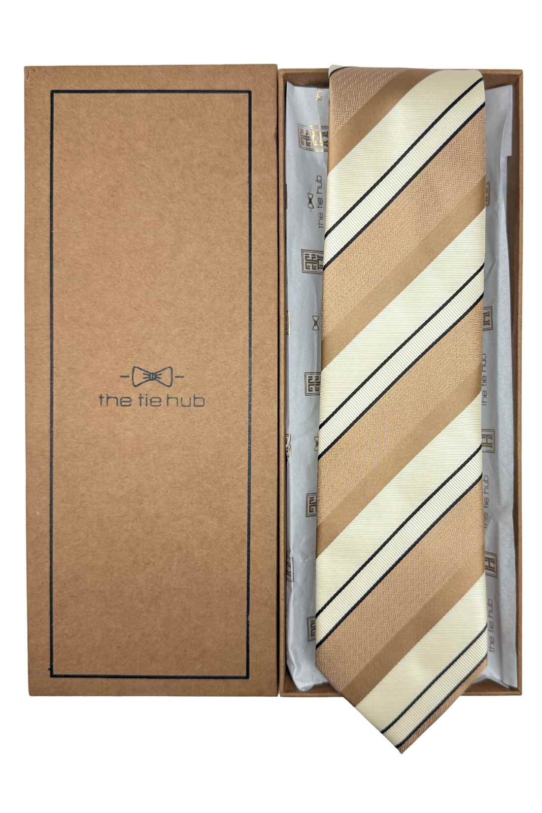 Beige & White Striped Silk Necktie For Men