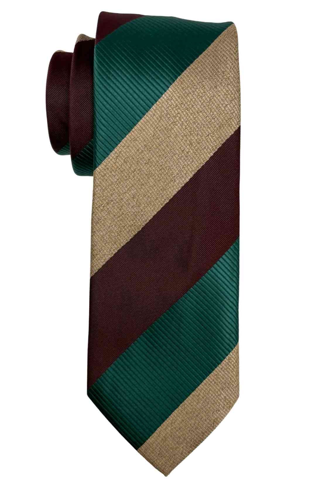 Green, Maroon & Beige Diagonal Striped Silk Necktie For Men