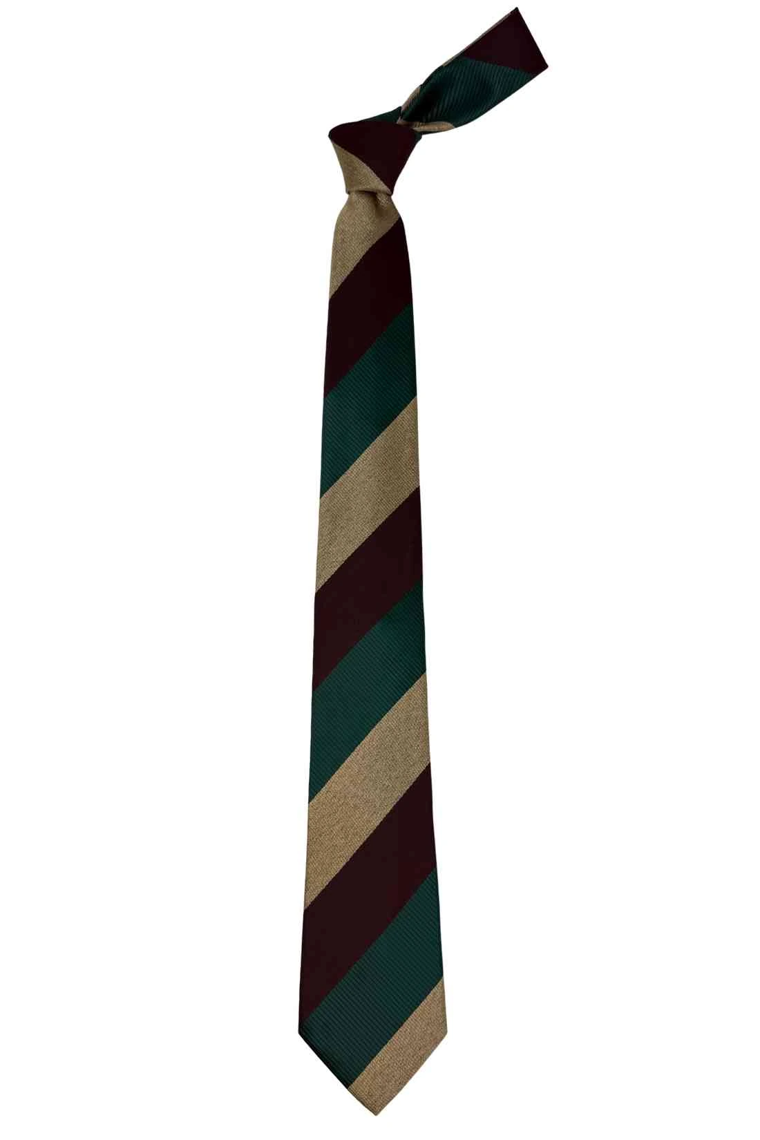 Green, Maroon & Beige Diagonal Striped Silk Necktie For Men