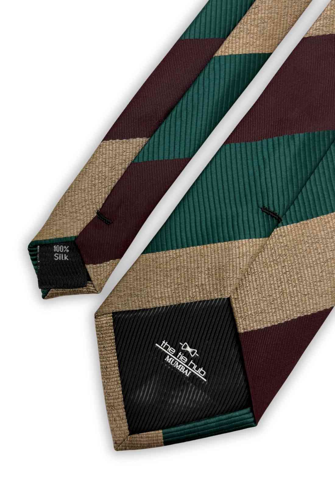 Green, Maroon & Beige Diagonal Striped Silk Necktie For Men