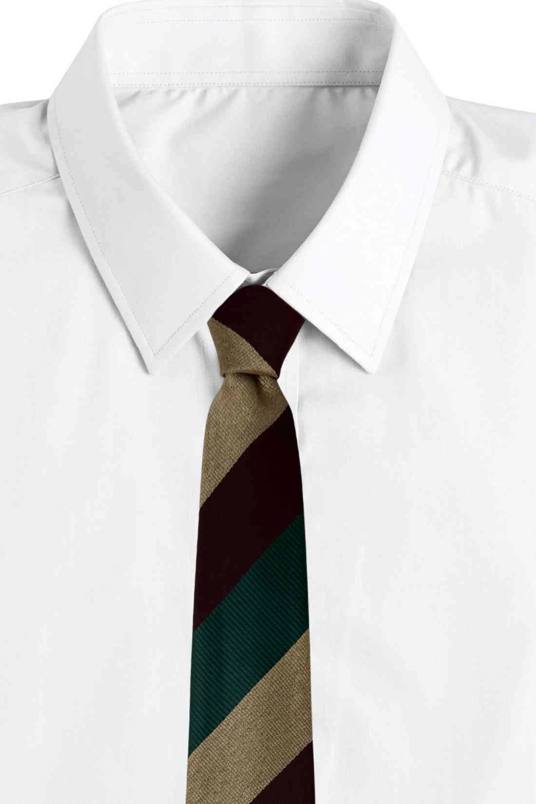 Green, Maroon & Beige Diagonal Striped Silk Necktie For Men