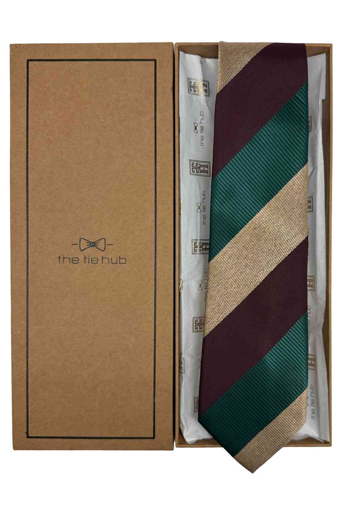 Green, Maroon & Beige Diagonal Striped Silk Necktie For Men