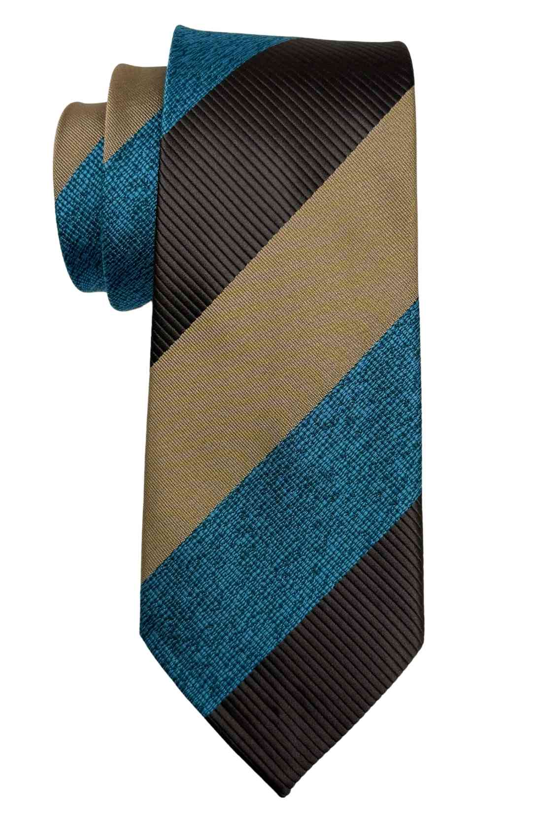 Blue, Brown & Beige Diagonal Striped Silk Necktie For Men