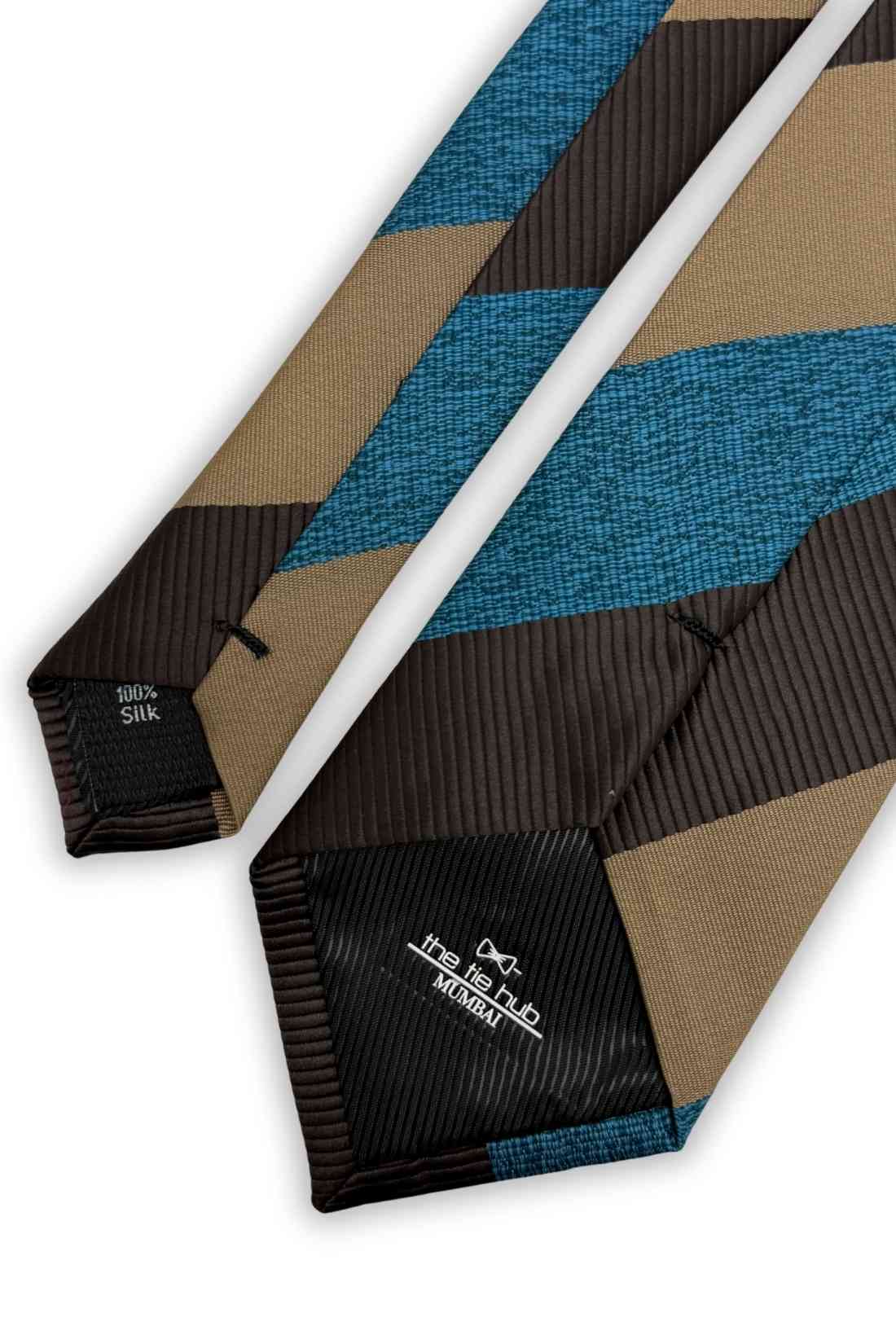 Blue, Brown & Beige Diagonal Striped Silk Necktie For Men