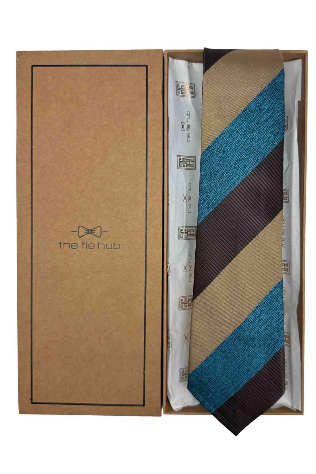 Blue, Brown & Beige Diagonal Striped Silk Necktie For Men