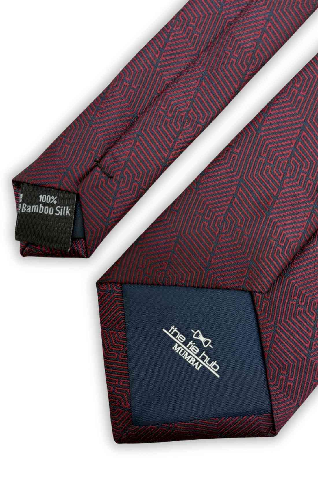 Maroon Bamboo Silk Necktie For Men | Geometric Jacquard Design