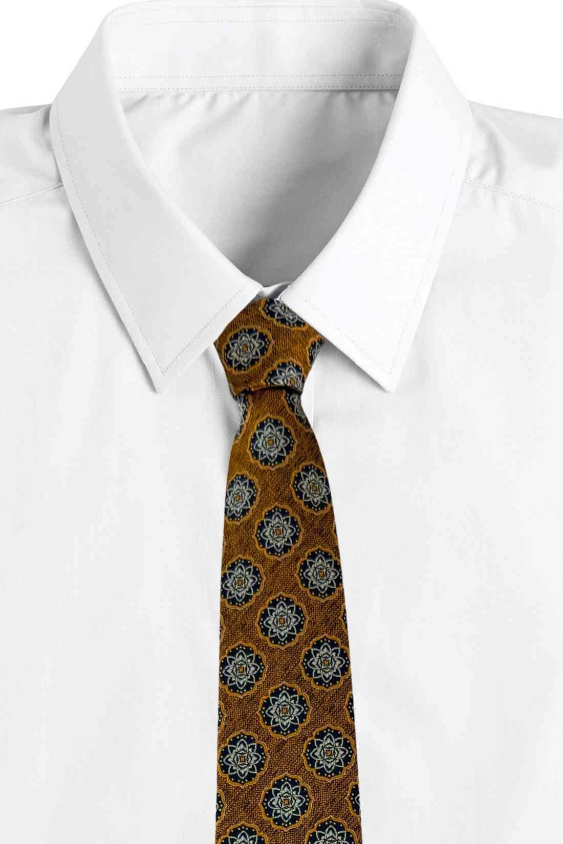 Mustard Bamboo Silk Necktie For Men | Medallion Jacquard Design