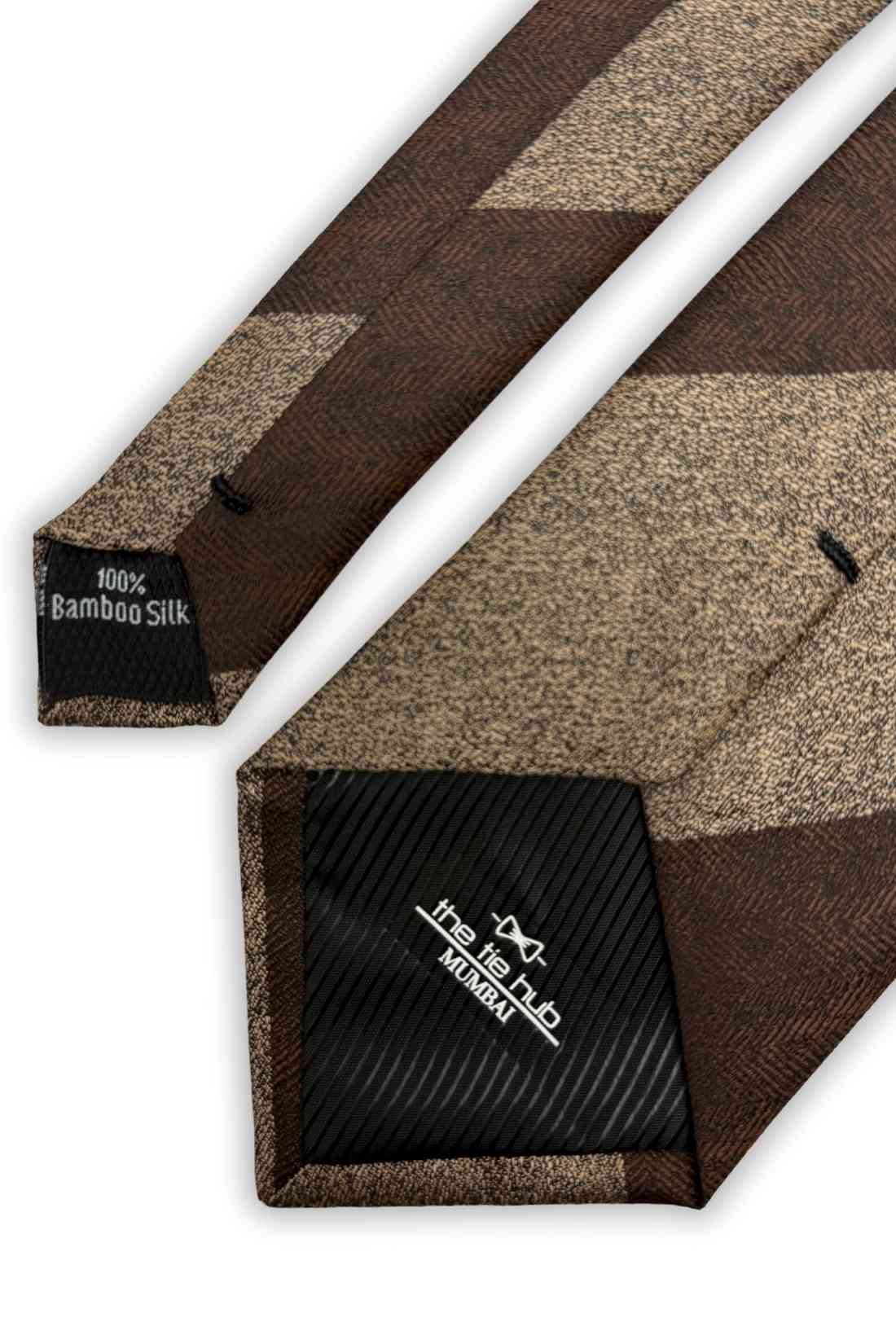 Brown & Beige Striped Bamboo Silk Necktie For Men | Diagonal Textured Design