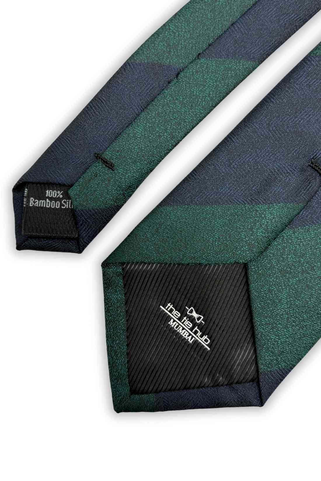 Navy Blue & Green Striped Bamboo Silk Necktie For Men | Diagonal Textured Design
