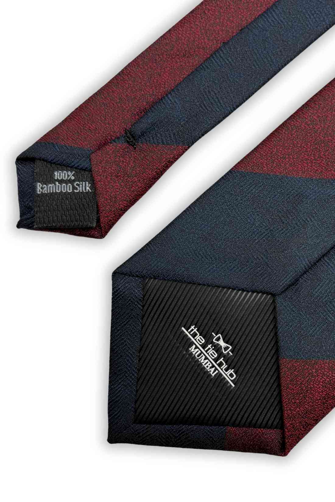 Maroon & Navy Blue Striped Bamboo Silk Necktie For Men | Diagonal Textured Design