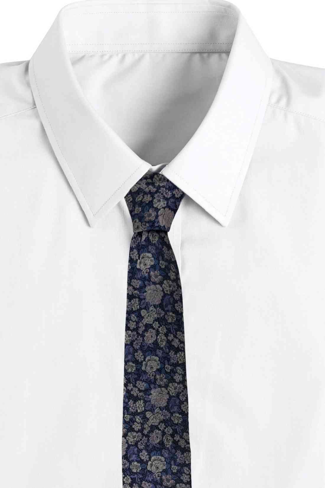 Navy Blue Bamboo Silk Necktie For Men | Floral Jacquard Design