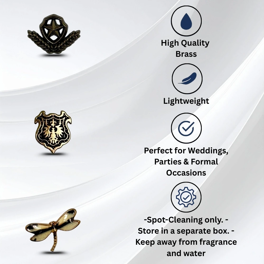 Star, Crest & Dragonfly Lapel Pin Set for Men Regal Brass Brooch Set for Blazers, Jackets & Suits