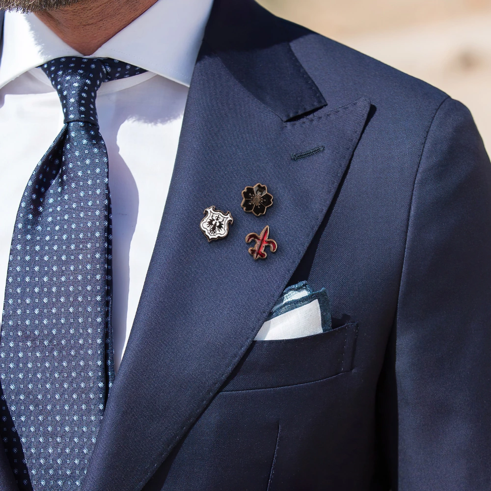 Shield, Flower & Fleur-de-Lis Lapel Pin Set for Men Regal Brass Brooch Set for Suits, Blazers & Party Wear