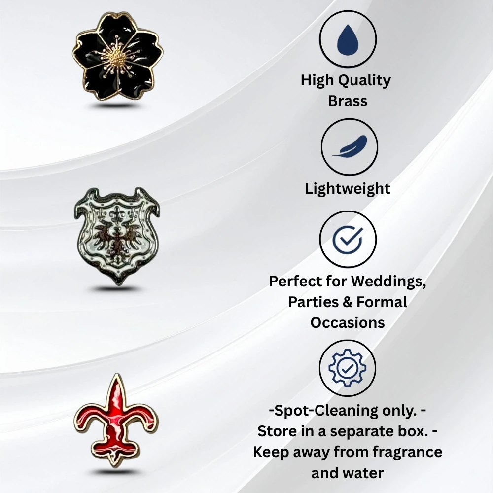 Shield, Flower & Fleur-de-Lis Lapel Pin Set for Men Regal Brass Brooch Set for Suits, Blazers & Party Wear