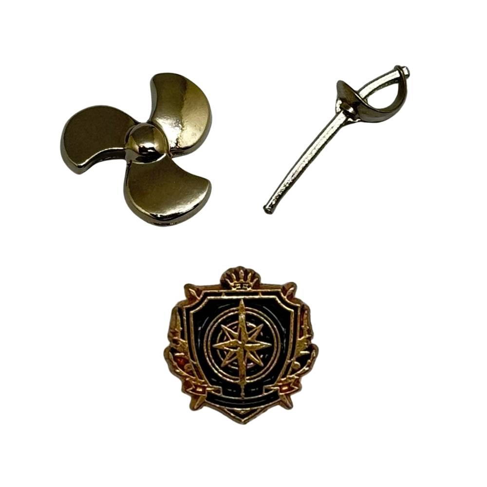 Propeller, Crest Emblem & Sword Lapel Pin Set for Men Β Nautical Brass Brooch Set for Blazers, Suits & Jackets