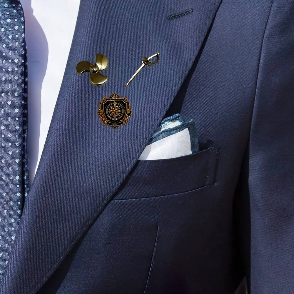 Propeller, Crest Emblem & Sword Lapel Pin Set for Men Nautical Brass Brooch Set for Blazers, Suits & Jackets