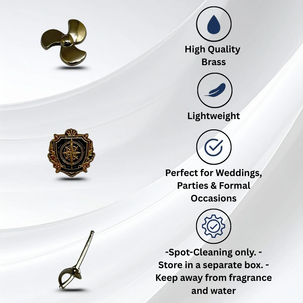 Propeller, Crest Emblem & Sword Lapel Pin Set for Men Nautical Brass Brooch Set for Blazers, Suits & Jackets