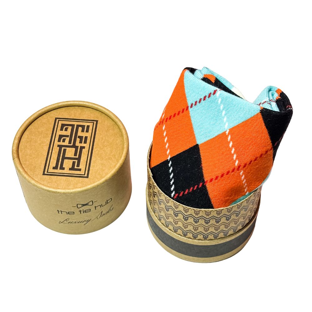 Argyle Orange, Blue & Black Bright Socks for Men – Cotton Crew Socks
