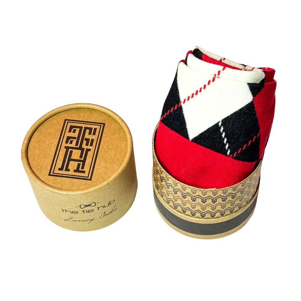 Argyle Red, Black & White Bright Socks for Men β Cotton Crew Socks