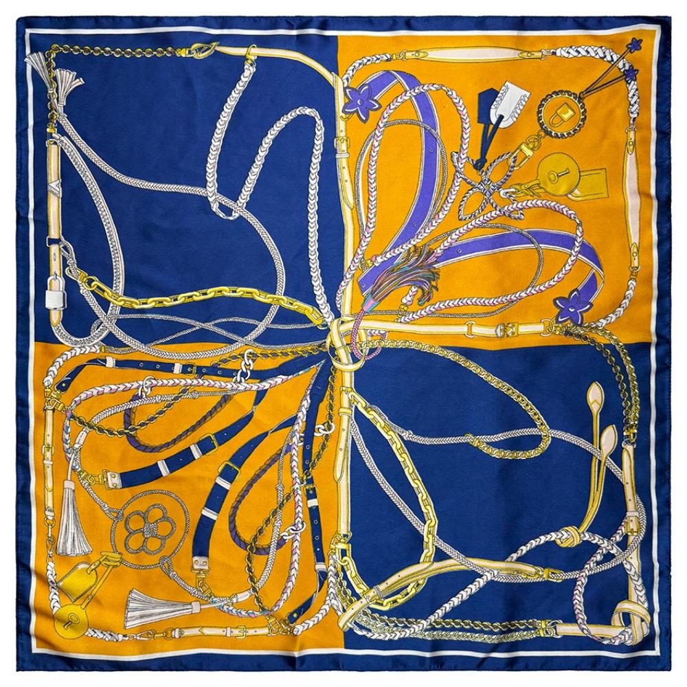 Navy Blue & Mustard Yellow Women's Scarf - Chain & Belt Print