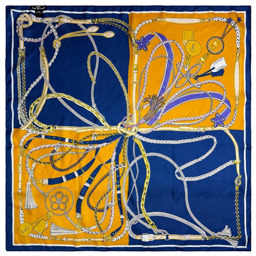 Navy Blue & Mustard Yellow Women's Scarf - Chain & Belt Print