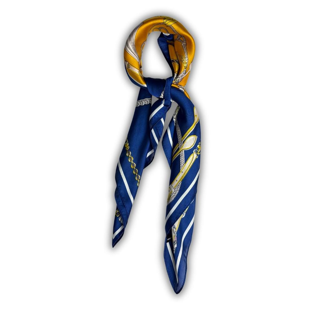 Navy Blue & Mustard Yellow Women's Scarf - Chain & Belt Print