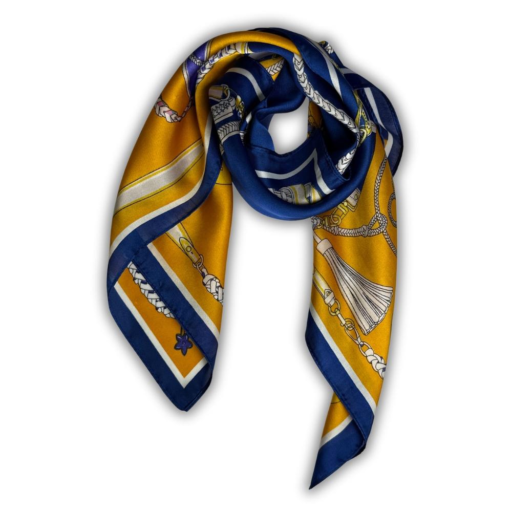 Navy Blue & Mustard Yellow Women's Scarf - Chain & Belt Print