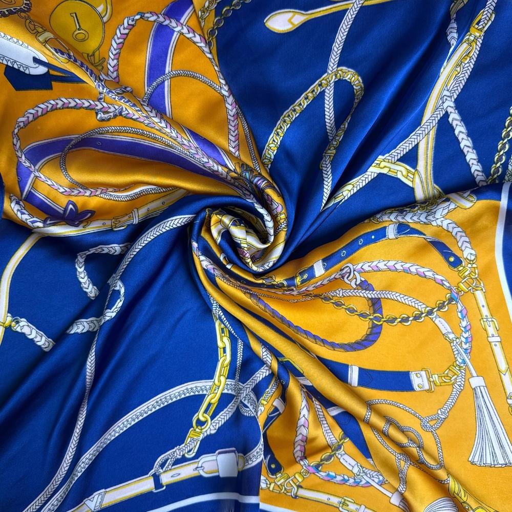 Navy Blue & Mustard Yellow Women's Scarf - Chain & Belt Print