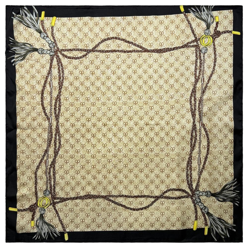 Beige & Black Women's Scarf - Rope & Tassel Print
