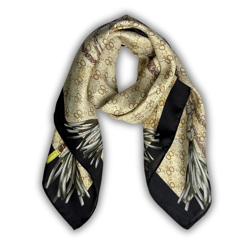 Beige & Black Women's Scarf - Rope & Tassel Print