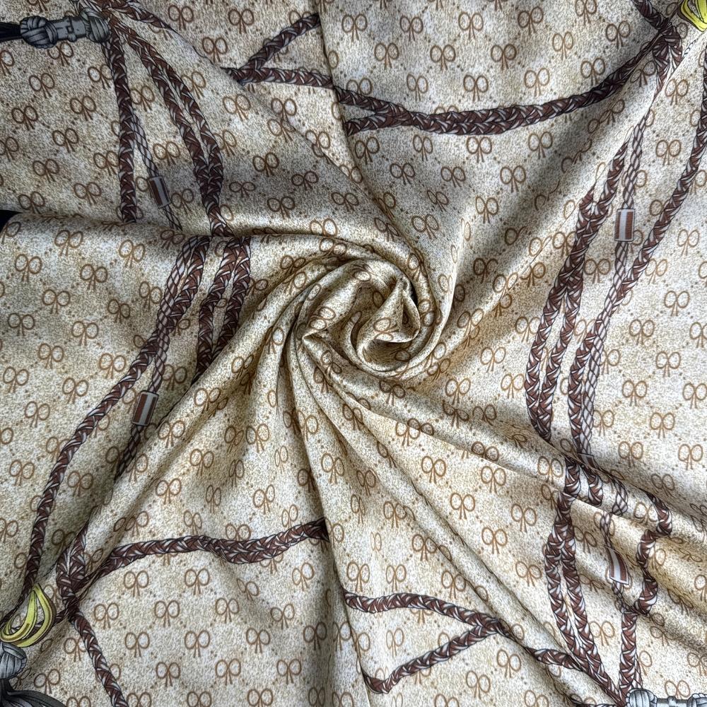Beige & Black Women's Scarf - Rope & Tassel Print