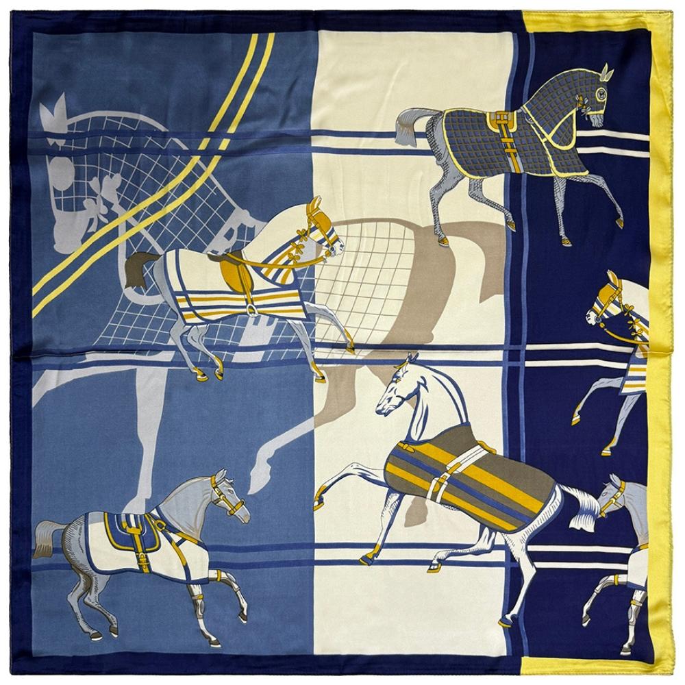 Navy Blue, Beige & Yellow Pure Microfiber Scarf For Women with Equestrian Horse Print